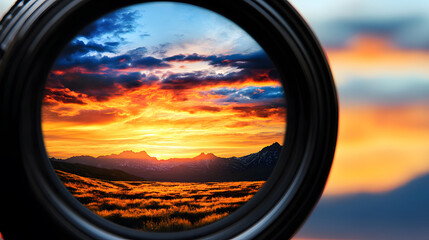 Poster - A camera lens captures a vibrant sunset over mountains, showcasing colorful skies reflected in nature's beauty