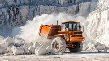 Poster - A powerful orange construction vehicle moving and breaking large white rocks in a quarry site, illustrating the raw energy and intensity of construction work