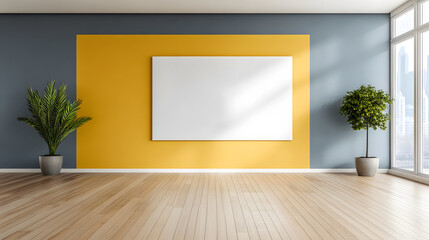 Poster - A modern, minimalist interior featuring a yellow accent wall, a blank canvas, and potted plants, creating an inviting atmosphere