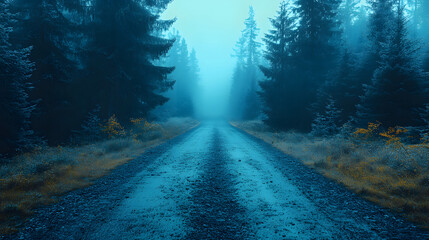 Poster - A serene, misty forest road surrounded by tall trees, creating a mysterious and tranquil atmosphere
