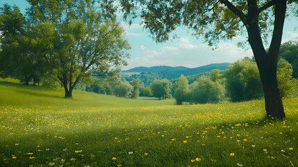 Poster - A serene landscape featuring rolling hills, lush greenery, and blooming wildflowers under a clear blue sky