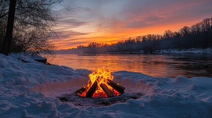 Poster - A riverside fire pit surrounded by snow, glowing brightly against a winter sunrise backdrop, creating a peaceful, serene scene in the early morning hours