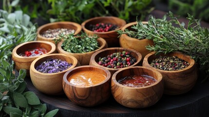 Poster - A selection of sauces in wooden bowls, surrounded by fragrant herbs, presents a visually stunning and flavorful scene, ideal for showcasing gourmet cuisine.