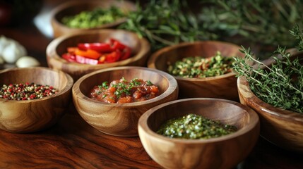 Poster - A selection of sauces in wooden bowls, surrounded by fragrant herbs, presents a visually stunning and flavorful scene, ideal for showcasing gourmet cuisine.