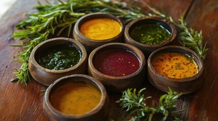 Poster - A selection of sauces in wooden bowls, surrounded by fragrant herbs, presents a visually stunning and flavorful scene, ideal for showcasing gourmet cuisine.