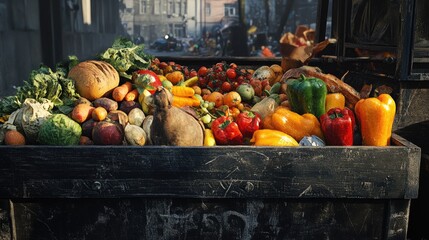 Poster - A stark image of perfectly edible food discarded in a dumpster, showcasing the issue of food waste and the generative AI rendering of wasted food in a modern urban environment