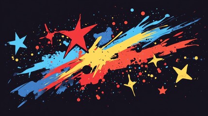 Poster - A striking abstract design with bold colors, stars, and dynamic paint splashes on a dark backdrop, ideal for creative expression and visual projects