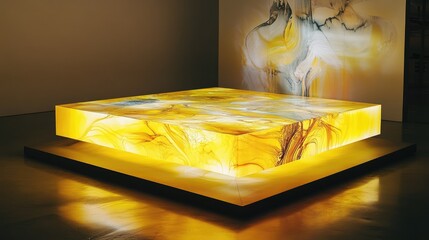 Poster - A striking yellow platform with intricate abstract designs and soft light highlights, showcasing contemporary artistic flair