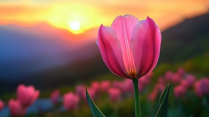 Poster - A stunning pink tulip is highlighted by the warm glow of a dramatic sunset, set against a mountainous backdrop, creating a serene and picturesque scene.