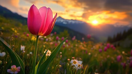 Poster - A stunning pink tulip is highlighted by the warm glow of a dramatic sunset, set against a mountainous backdrop, creating a serene and picturesque scene.