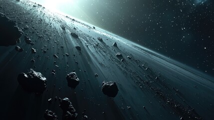 Poster - A stunning, serene view of an asteroid belt, bathed in the gentle light of distant stars, reflecting the quiet beauty of space during a cosmic night.