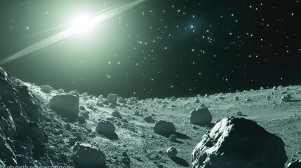 Poster - A stunning, serene view of an asteroid belt, bathed in the gentle light of distant stars, reflecting the quiet beauty of space during a cosmic night.