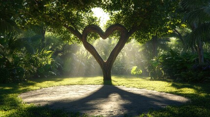 Poster - A stunning tree in full sunlight, casting a heart-shaped shadow on the ground, surrounded by greenery in a tranquil setting