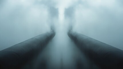 Poster - A symmetrical pair of pipes shrouded in fog and steam, creating a visually arresting juxtaposition between industrial elements and the soft, ethereal qualities of the environment