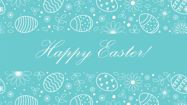 Happy Easter greeting horizontal banner. Festive card for Easter Sunday. Cute design with pattern of eggs, flowers and herbs. Vector graphic