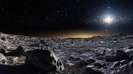 Poster - A tranquil view of a distant asteroid belt, illuminated by distant stars, capturing the serenity of a cosmic night and the vast beauty of outer space.