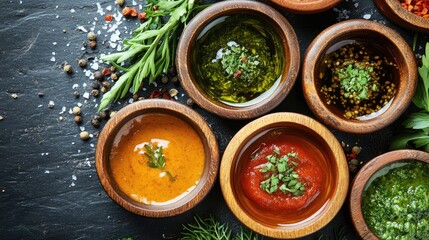 Poster - A variety of sauces in wooden bowls, surrounded by aromatic herbs, create a vibrant and inviting culinary scene, perfect for showcasing flavors and textures.