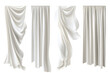© Trendy Graphics - Realistic set of white curtains hanging. Vector illustration of silk fabric sheets, veil fluttering in wind. Home textile, light drapery, on white or transparent background