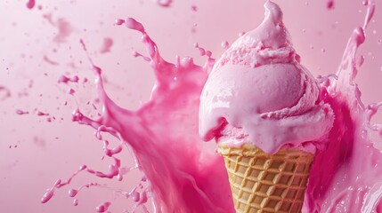Poster - A vibrant pink splash emanates from a delightful ice cream cone, conveying a sense of fun, creativity, and dynamic flavor in this whimsical image.