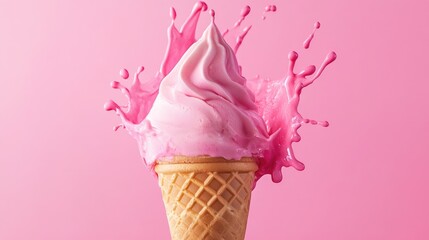Poster - A vibrant pink splash emanates from a delightful ice cream cone, conveying a sense of fun, creativity, and dynamic flavor in this whimsical image.