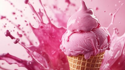 Poster - A vibrant pink splash emanates from a delightful ice cream cone, conveying a sense of fun, creativity, and dynamic flavor in this whimsical image.