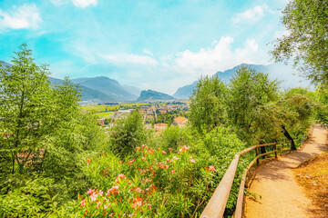 Fototapete - Arco castle ruins on cliffs above Garda lake, Trentino, Italy. Lago di garda