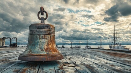 Aufkleber - A weathered ship bell sits rusted on a deck, with boats in the distance and a cloudy sky, capturing the essence of maritime history and evoking feelings of nostalgia