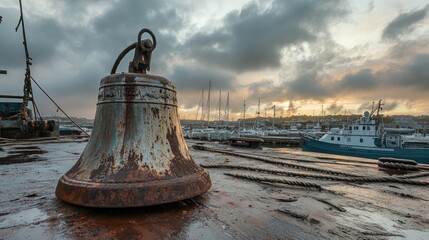 Aufkleber - A weathered ship bell sits rusted on a deck, with boats in the distance and a cloudy sky, capturing the essence of maritime history and evoking feelings of nostalgia