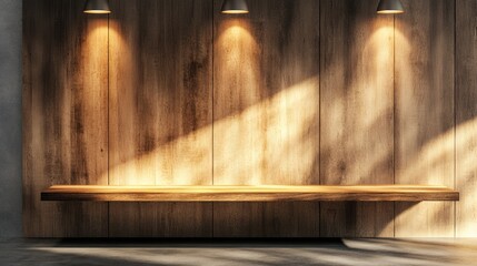 Poster - A wooden shelf highlighted by a spotlight in a clean, modern interior, offering a perfect background for product display and presentation in a stylish setting