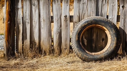 Aufkleber - A worn-out vintage tire leaning against a rustic wooden fence, set in a natural, outdoor environment, evoking a sense of nostalgia and rustic charm