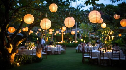 Poster - An elegant garden party illuminated by lanterns at twilight, with guests mingling in a picturesque outdoor setting, offering an intimate and beautiful ambiance for evening celebrations