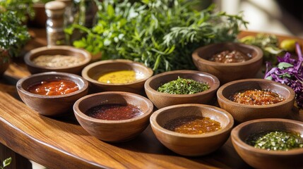 Poster - An elegant arrangement of diverse sauces placed in wooden bowls, surrounded by fresh herbs, showcasing a blend of cuisines with tantalizing colors and textures.