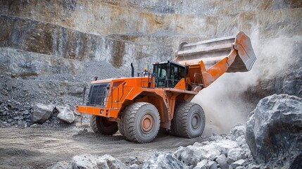 Poster - An orange construction vehicle at work in a quarry, breaking apart large rocks with force, capturing the scale and power of heavy machinery in an outdoor setting