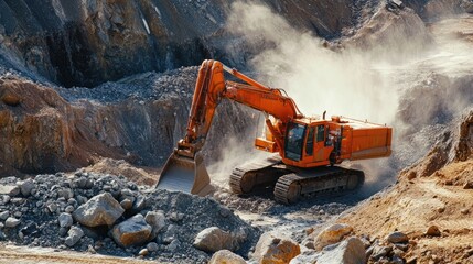 Poster - An orange construction vehicle at work in a quarry, breaking apart large rocks with force, capturing the scale and power of heavy machinery in an outdoor setting