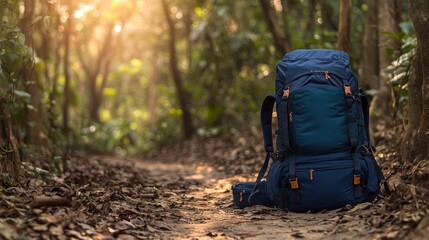 Aufkleber - Backpacks on a forest trail at sunrise, surrounded by trees and natural beauty, evoking a sense of wanderlust and exploration in the early morning light