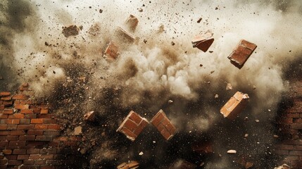 Poster - Bricks exploding with raw energy, sending a cloud of dust and flying debris into the air, captured in a moment of powerful impact and artistic tension