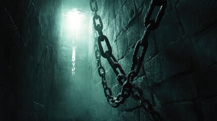 Poster - Chains in a shadowy dungeon scene stretch toward a bright light, evoking themes of hardship, resilience, and the journey to freedom.