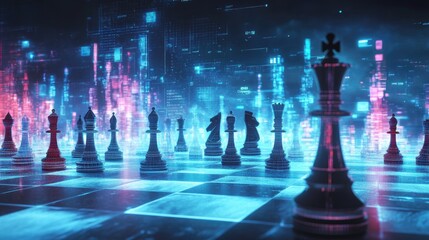 Aufkleber - Chess pieces in a futuristic design, glowing against the backdrop of a modern, digital chessboard, showcasing an innovative and stylish twist on traditional chess