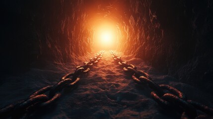 Poster - Dark, rusted chains in a dungeon lead the way to a glowing light, symbolizing the path from darkness to enlightenment and freedom.