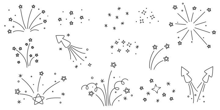Fireworks, stars, explosion with confetti ink doodle set. Hand drawn festive elements. Joyful explosion with sparks, vector graphics