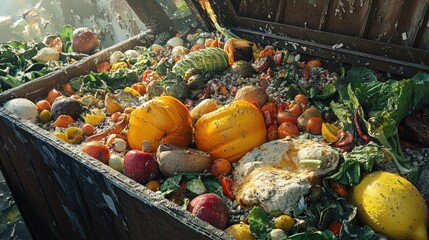 Poster - Freshly prepared food, still in perfect condition, discarded in a dumpster, rendered through generative AI to highlight the shocking amount of food waste in society