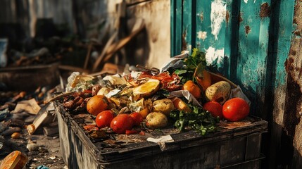 Poster - Freshly prepared food, still in perfect condition, discarded in a dumpster, rendered through generative AI to highlight the shocking amount of food waste in society