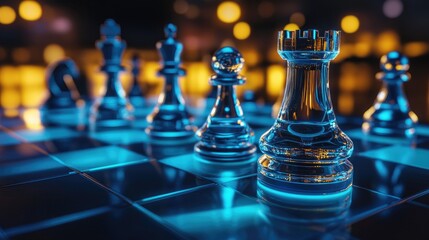 Aufkleber - Futuristic chess pieces, illuminated and arranged on a sleek, modern chessboard, reflecting cutting-edge design and innovation in a game of strategy and intellect