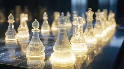 Poster - Futuristic chess pieces, lit by ambient light, standing on a high-tech chessboard, creating a visually striking and contemporary atmosphere for strategic gameplay