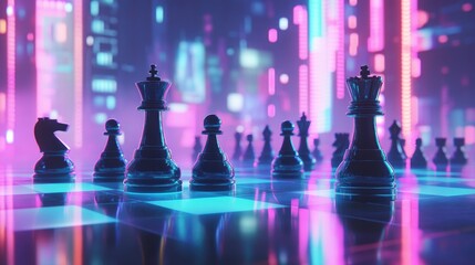 Poster - Futuristic chess pieces, lit by ambient light, standing on a high-tech chessboard, creating a visually striking and contemporary atmosphere for strategic gameplay
