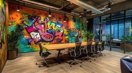 Poster - Graffiti-inspired, colorful wallpaper transforms a modern office space, adding a creative edge and artistic vibrancy to the workplace, making it an inspiring and energizing environment