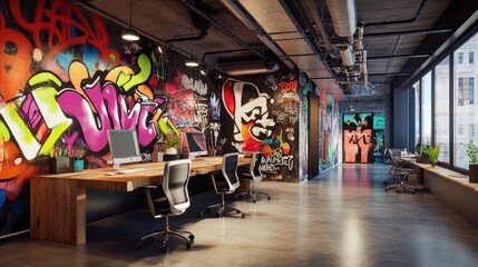 Poster - Graffiti-inspired, colorful wallpaper transforms a modern office space, adding a creative edge and artistic vibrancy to the workplace, making it an inspiring and energizing environment