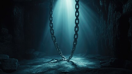 Aufkleber - In a dimly lit dungeon, chains stretch toward a shaft of light, creating a dramatic representation of hope and the desire for liberation.