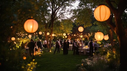 Poster - Lanterns softly light up an elegant garden party at twilight, where guests mingle in a serene and picturesque setting, evoking a magical atmosphere of celebration and style