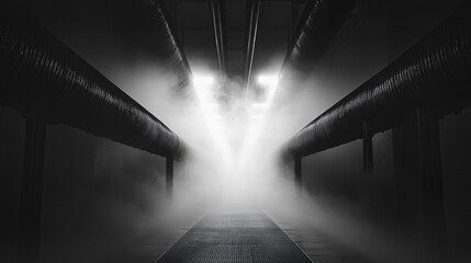 Poster - Rising through the fog, a symmetrical pair of pipes creates an arresting visual display where industrial design meets the soft steam, evoking a powerful industrial yet ethereal scene